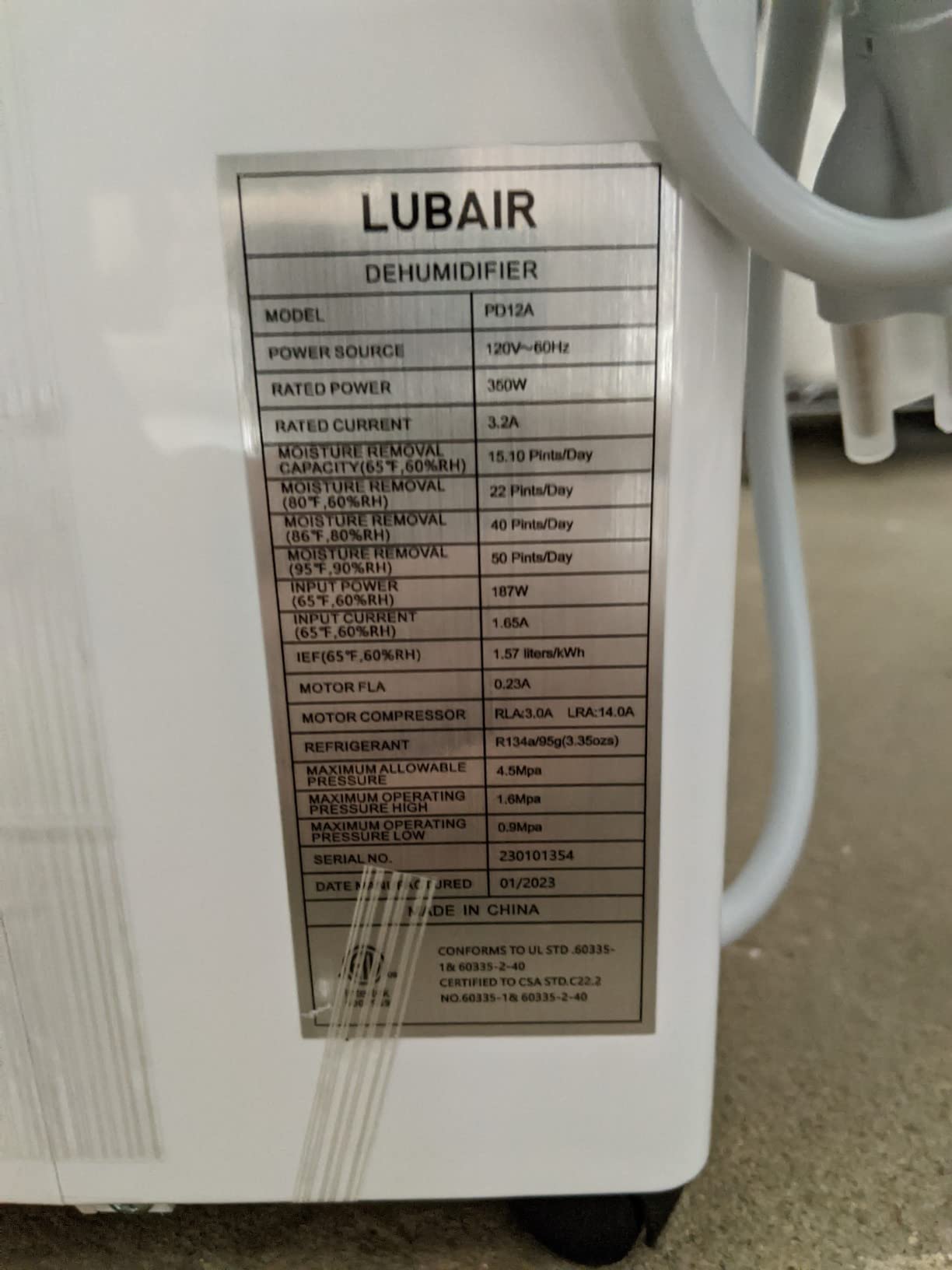 LUBAIR Energy Star dehumidifier customer photo in basement
